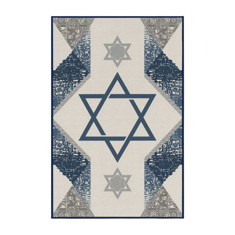 Soft Plush Faye Hanukkah Modern & Contemporary Abstract Area Rug in Beige – Navy Binding, 4x6