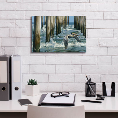 «Fishing Pier» - pélican sur toile par Mark Mueller, reproduction d'art animalier