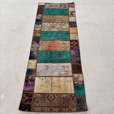 Modern Wool Patchwork Runner Rug, 30.3x85.4 Inch Blue Rug