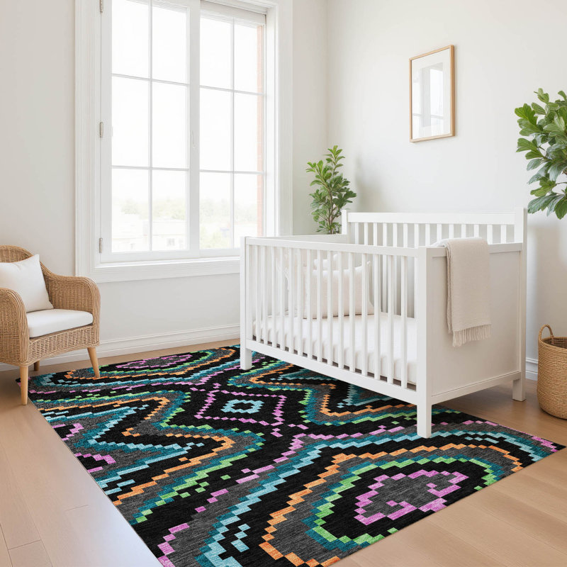 Machine Washable Indoor/Outdoor Chantille ACN2829 Kids Rug, 8' x 10', Black