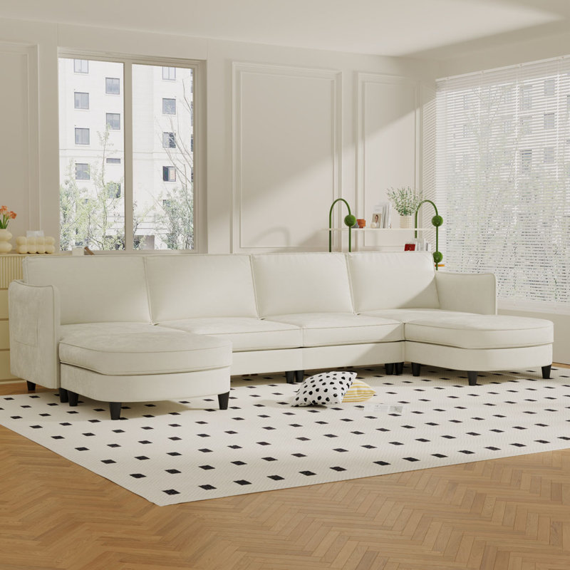 6 Seater U-Shaped Sofas with Movable Ottoman, Beige
