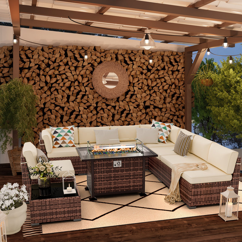 Avamay Rattan Sectional Seating Group with Cushions, Cream Performance Microfiber, Yes