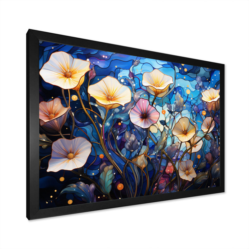 " Beige Blue Morning Glory Morning Glory ", H 24 po x l 32 po x P 1 po, Cadre simple noir