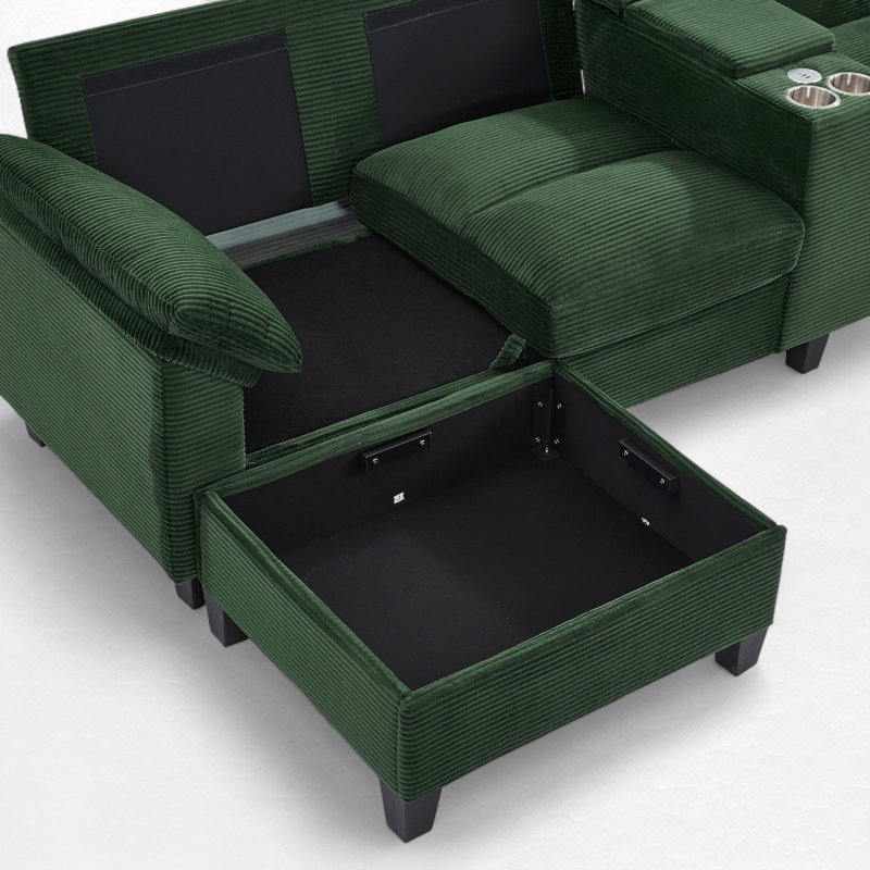 Canapé modulaire rembourré en U avec rangement et ports USB, Green Corduroy
