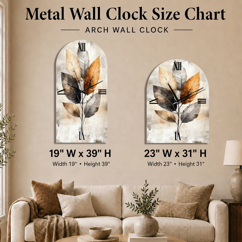 Horloge murale bohème en métal arqué, motif de feuilles marron - Style bohème silencieux, 31" H x 23" W - Arch