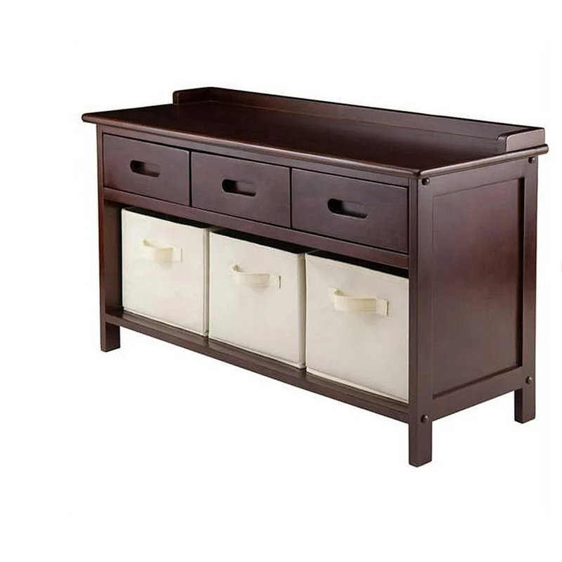 Adriana Transitional Walnut Storage Bench with Beige Baskets
