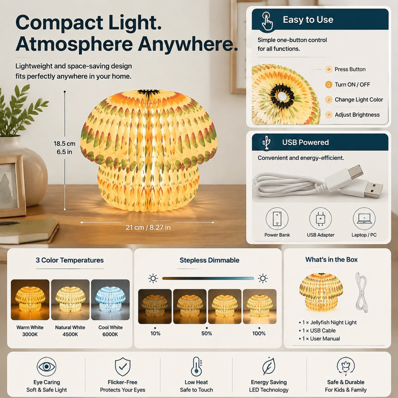 Lampe de table DEL d'ambiance colorée conçue comme une veilleuse en forme de méduse-champignon