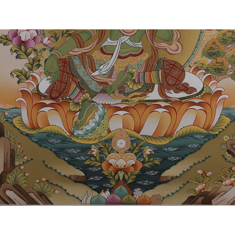 Art mural déesse bouddhiste verte Tara - peinture de Thangka tibétaine faite à la main avec détails en or 24 carats, grande décoration de méditation spirituelle H 40 po x l 30 po