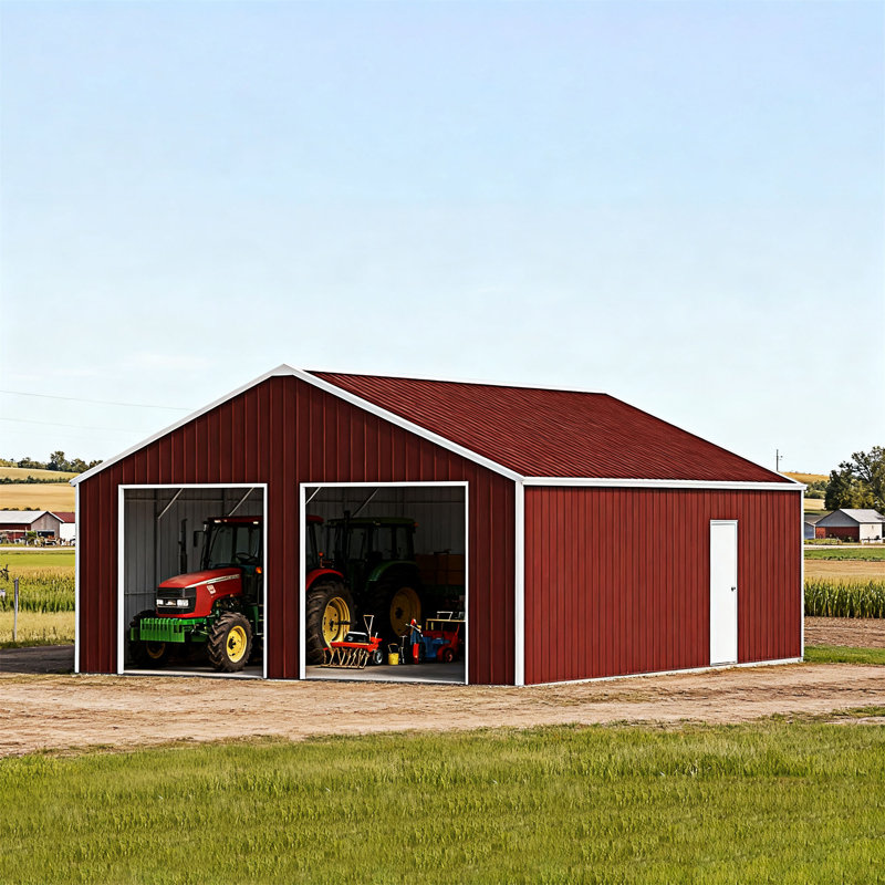 33FT X 25FT Metal Garage Barn Storage Shed With Dual Doors, 168.01" H x 396.01" W x 300.01" D, Reddish Brown