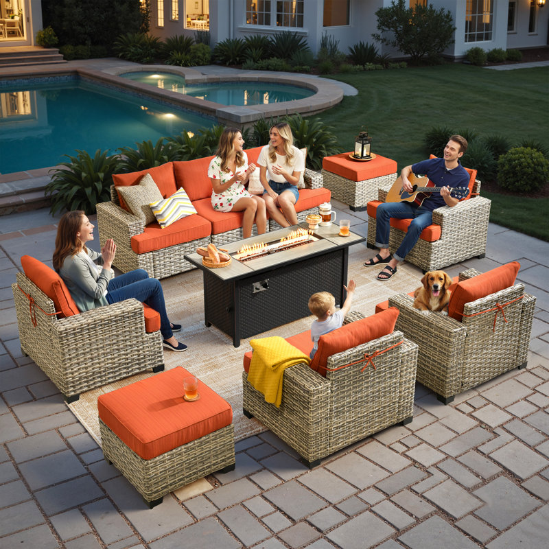 Harbin Wricker 7 - Person Outdoor Seating Group With Cushions, Orange, Yes