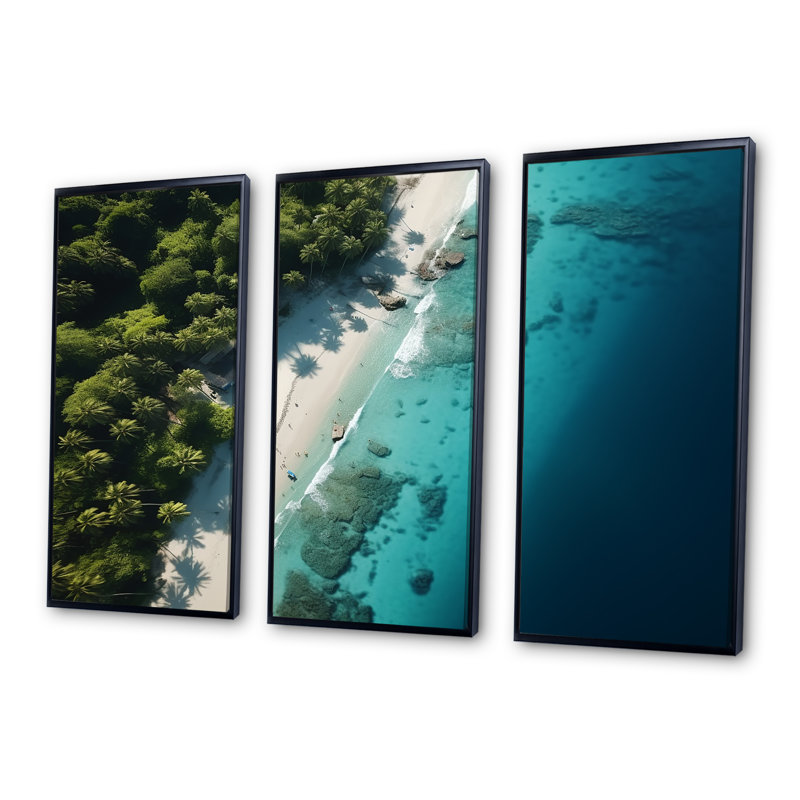 Vue aérienne de la plage relaxante IV - Art mural plage, Cadre flottant noir, H 40 po x l 61 po x P 1 po