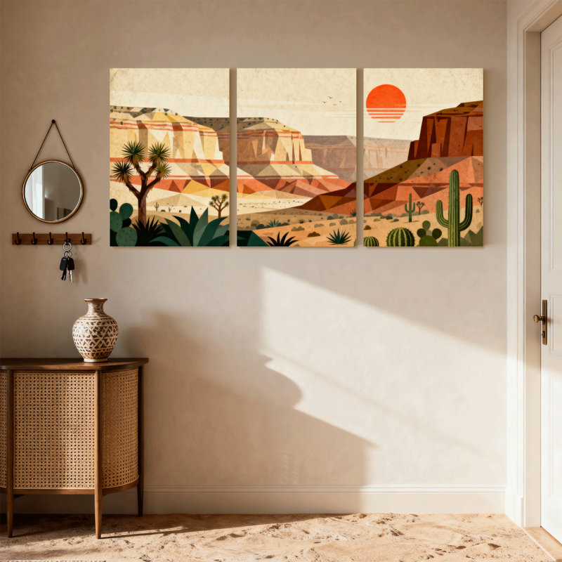 Paysage et nature, paysage désertique avec cactus et coucher de soleil, ensemble de 3 impressions sur toile