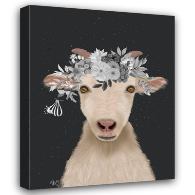 Rosalind Wheeler Fab Funky Gallery Wrapped Canvas Art Titled: Goat 1, White Flowers