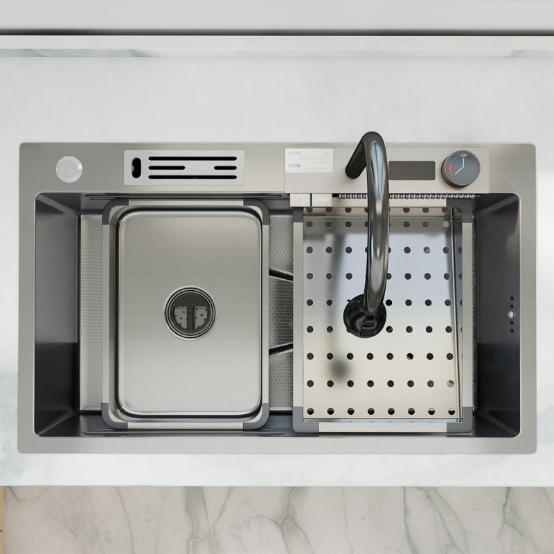 Évier de cuisine 30 po à cuve simple en acier inoxydable avec robinet rétractable
