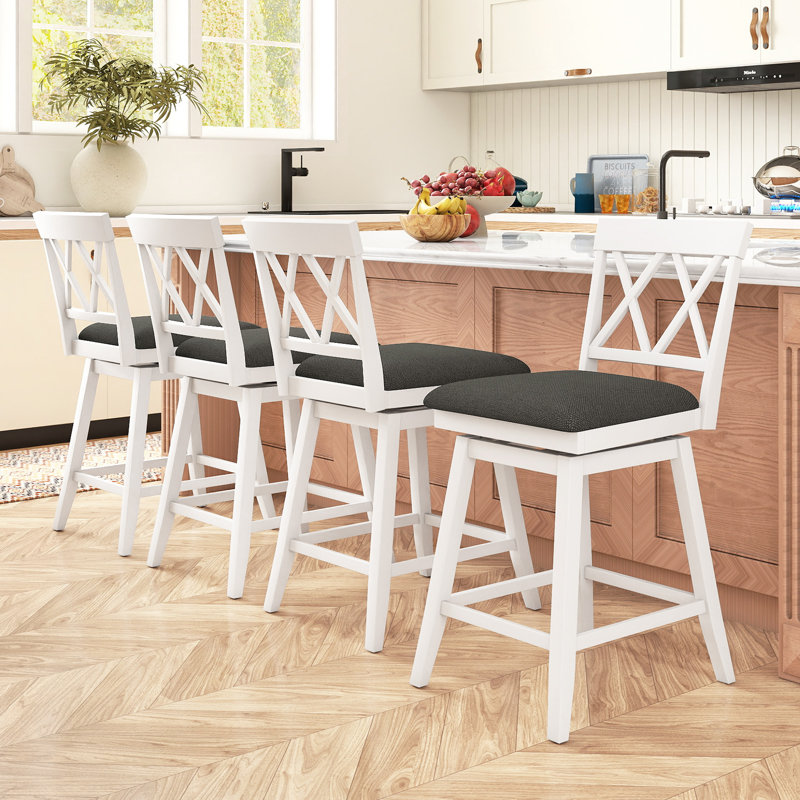 30" Bar Stool Wooden Chair With Contoured Backrest Swivel Padded Seat For Kitchen, Gray, 24", 3