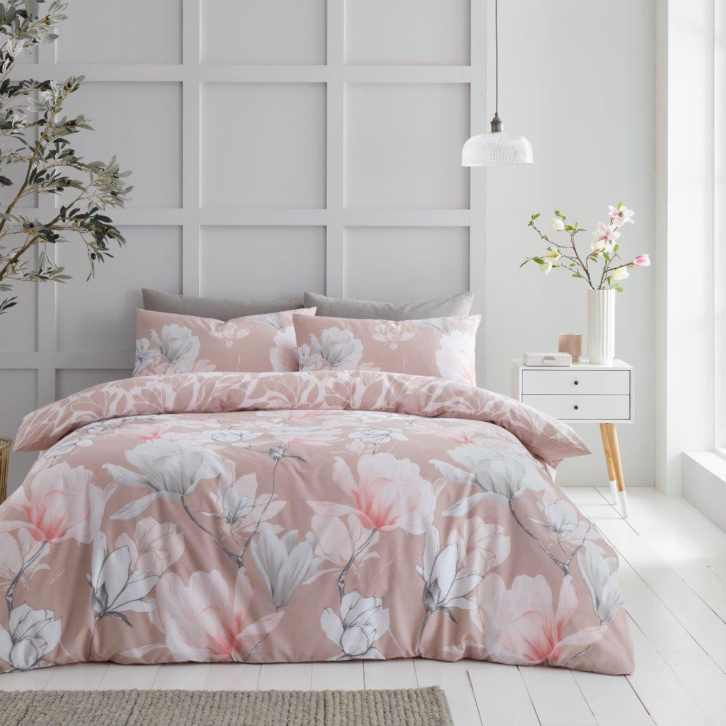 Floral Bedding Set - Polycotton Lightweight Duvet Cover with Matching Pillowcases - Single Double King