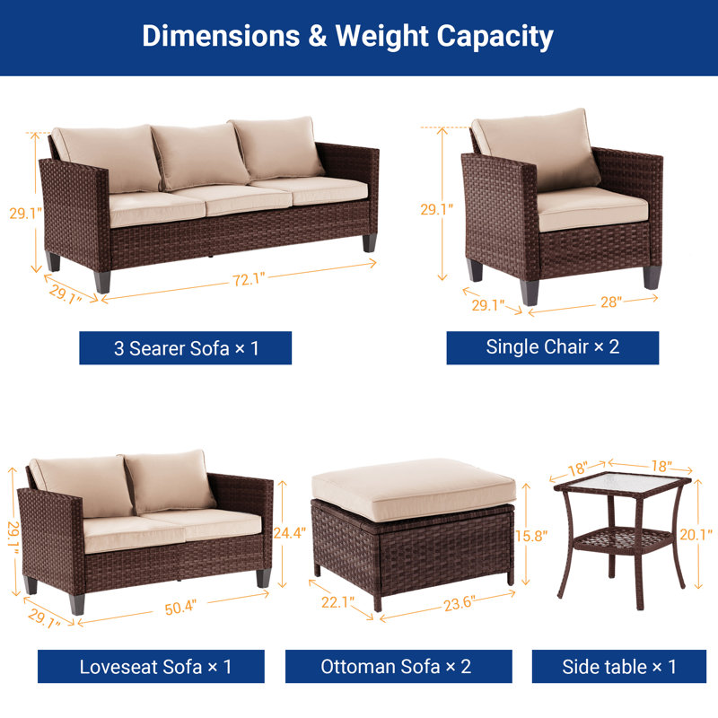 Ensemble de patio 7 pièces en rotin, fauteuil en osier résistant aux intempéries avec coussin amovible et structure robuste