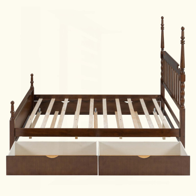 Structure de lit plateforme avec lit gigogne simple TG et 2 tiroirs de rangement, lit en bois classique avec tête de lit à broche