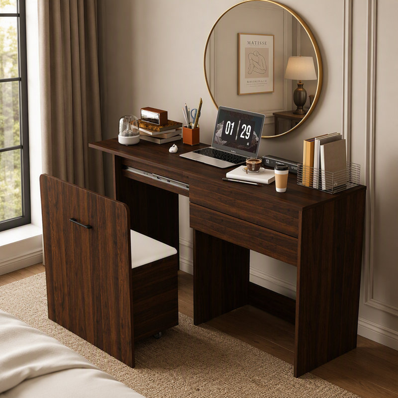 Bureau extensible multifonctionnel avec 3 modes d'utilisation, conception pliable et tabouret de rangement pour petits espaces