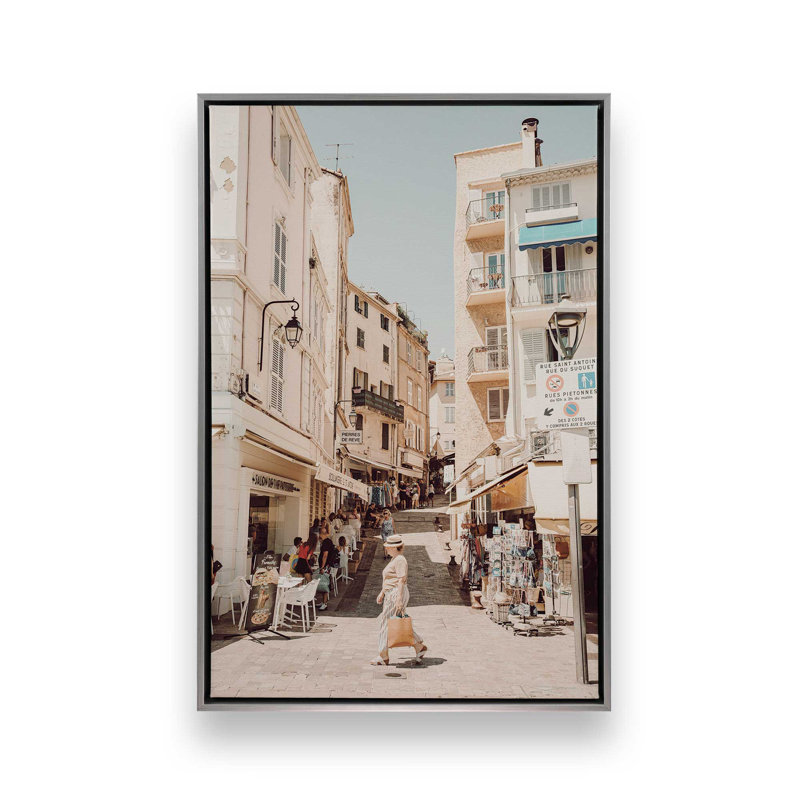 Charming Paris Stroll Stretched Canvas Print, 30.75" H x 20.75" W x 1.75" D, Polished Chrome Floater Framed