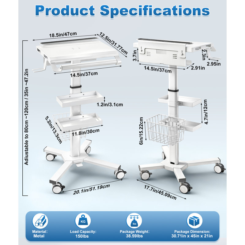 Professional Medical Cart with 150 lbs Capacity – Adjustable Height Rolling Trolley for Hospital, Dental Clinic, Beauty Salon – 360° Silent Lockable Wheels (with 2-Tier Storage Shelf/White)