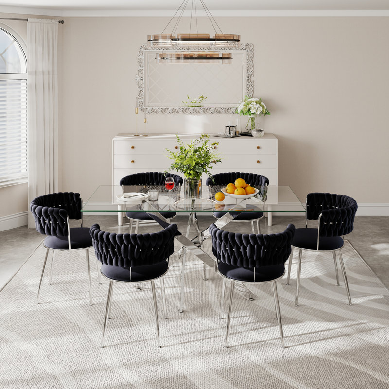 Clear Rectangle Pedestal Dining Set with Weaven Velvet Dininig Chair, 7 Pieces: Table, 6 Chairs, Silver/Black