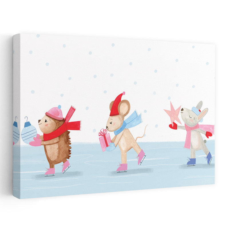 Whimsy Ice Skating Critters Contemporary Art, 16" H x 24" W