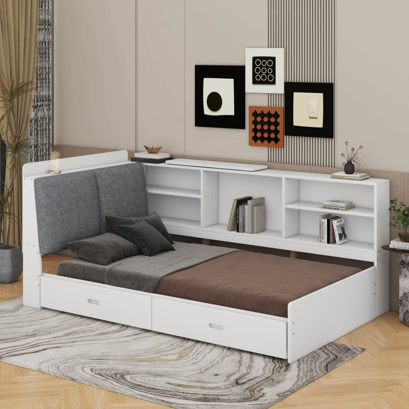 Lit plateforme en bois avec tête de lit, tablettes et tiroirs, Blanc
