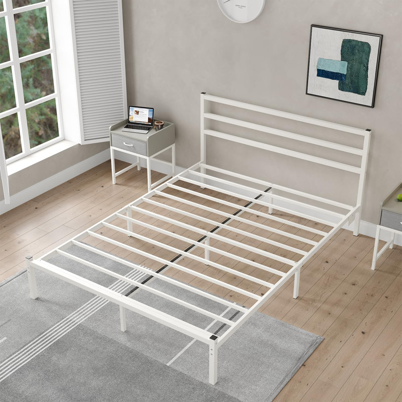 Cadre de lit avec tête de lit, cadre de lit plateforme en métal avec DEL, station de charge, aucun sommier requis, assemblage facile, silencieux