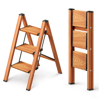 Échelle à 3 marches, escabeau pliant avec pédale large antidérapante, matériau en aluminium léger et robuste, charge de 300 lb, grain de bois