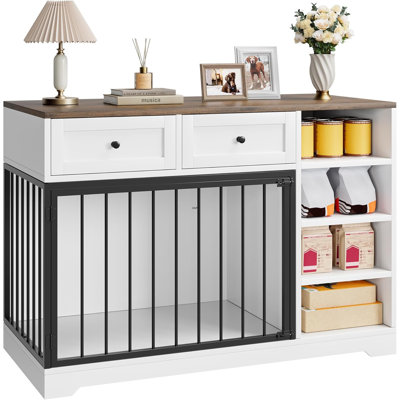 47" White Dog Crate TV Stand with 2 Drawers & 4 Shelves – Indoor Kennel Storage for Large Dogs