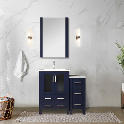 Single Bath Vanity 36 In. W Navy Blue, Faucet Included, White Ceramic Top, And Storage Space , One Interior Cabinet
