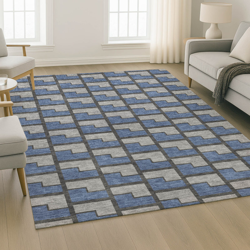 Premium Machine Washable Mayfield AMF2416 Geometric Rug, 3' x 5', Navy