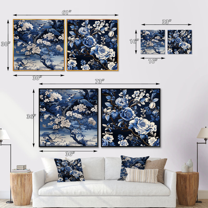 Ensemble de 2 collages carrés chinois à motif victorien chinois, Cadre flottant noir, H 16 po x l 33 po