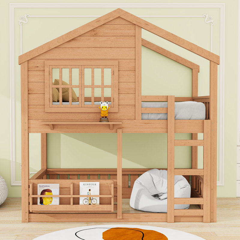 Wood House Bunk Bed with Ladder, Full over Full