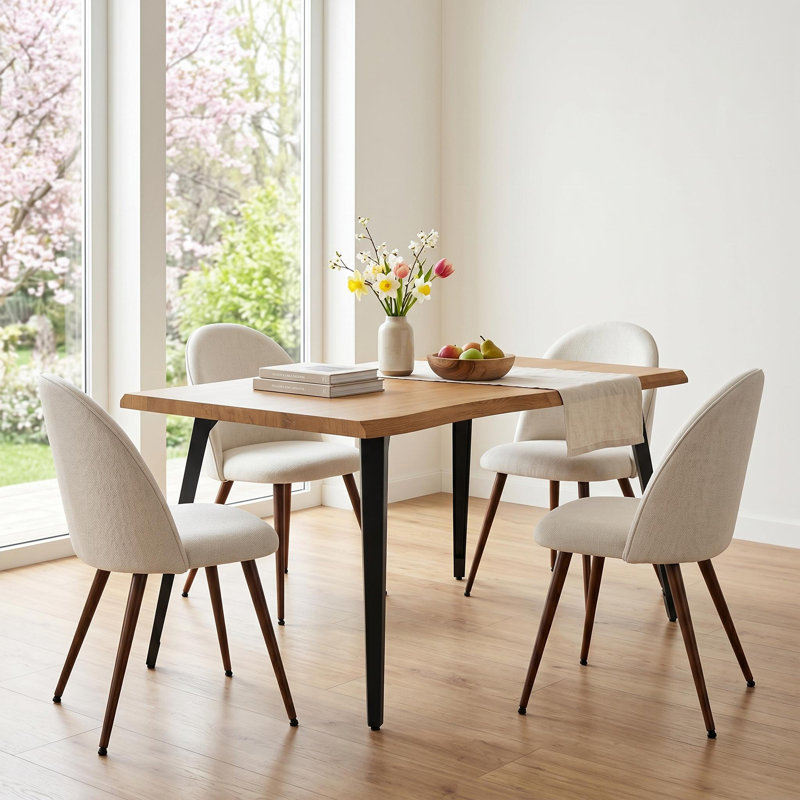 Shivani 5-Piece Modern Dining Set with 63'' Wavy-Edge Table and Upholstered Chairs, Brown, Ivory/Brown