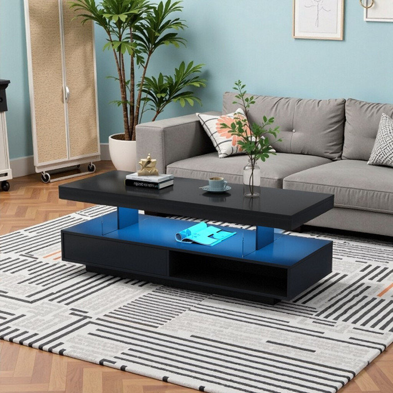 Table basse à DEL avec 2 tiroirs de rangement et tablettes de présentation avec panneau de particules à revêtement UV et centre de table en verre