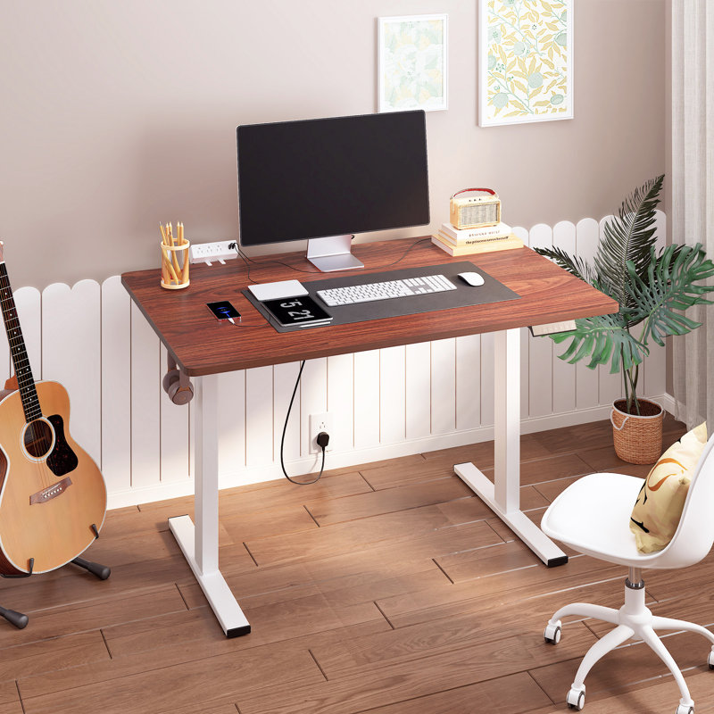 Adjustable Standing Desk, Whole-Piece Desktop, Mahogany/White, 48" W x 30" D