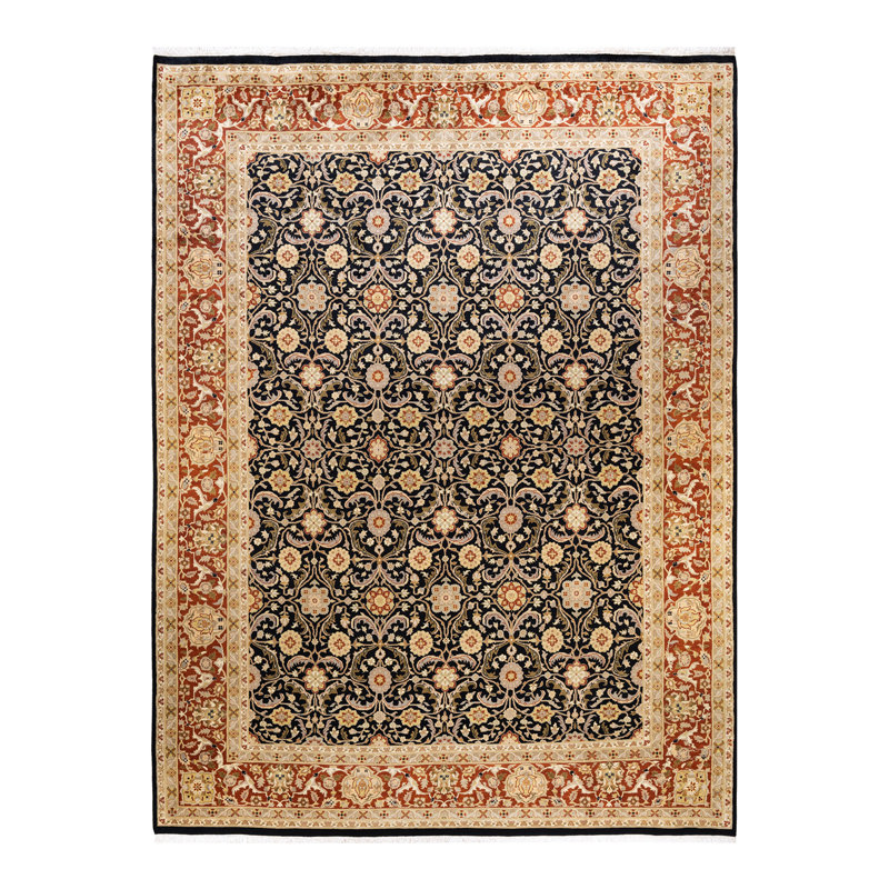 Tapis noir / orange / beige noué à la main de conception unique 9 pi 2 po x 12 pi 2 po Mogul