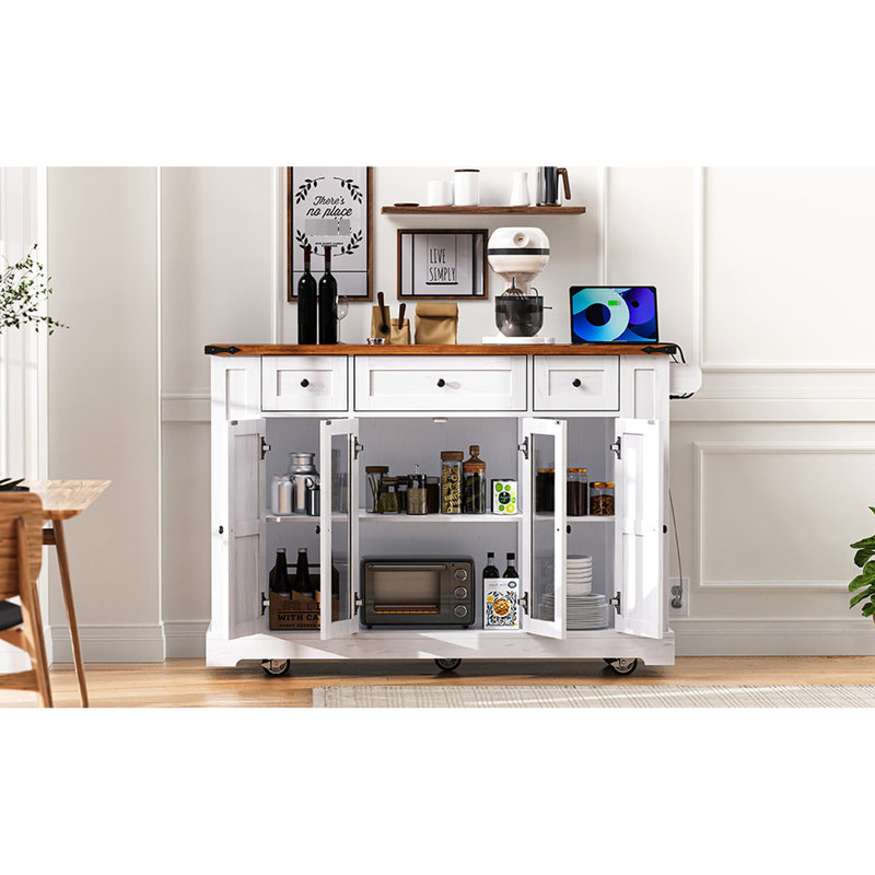Îlot de cuisine roulant de 53 po avec style, 2 portes en verre trempé, bloc d'alimentation, 3 tiroirs, 5 tablettes ouvertes, abattant, blanc avec prise de courant, côté, chariot sur roulettes