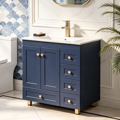 30''Blue Modern Free-Standing Single Bathroom Vanity With Ceramic Top