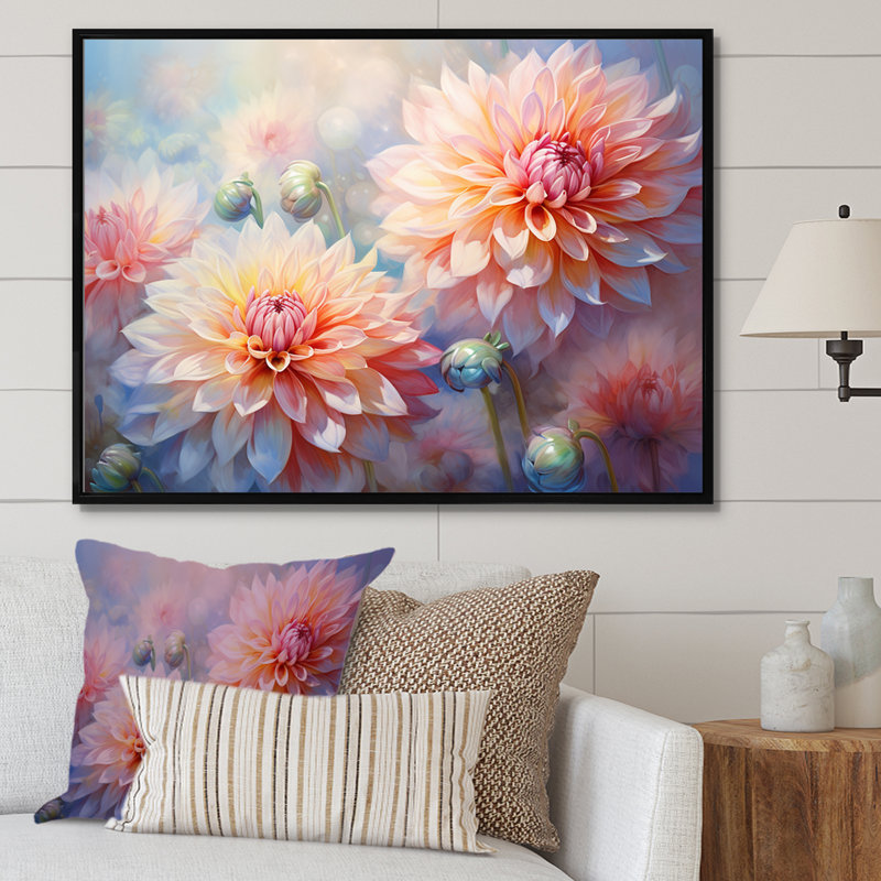 Corail moderne et dahlia bleu rêves I, Cadre flottant noir, H 24 po x l 32 po x P 1 po
