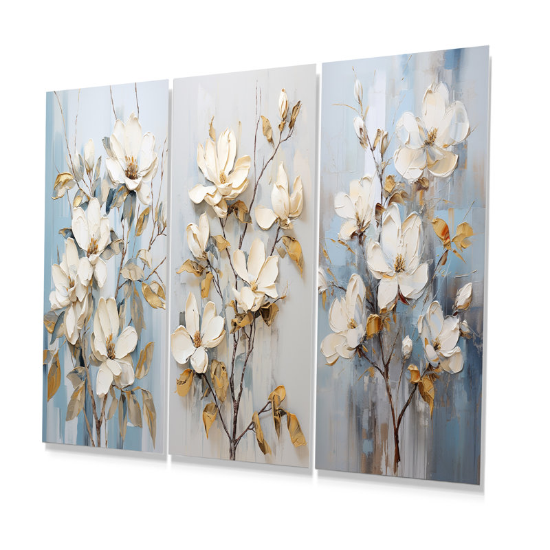 Harmonie de fleurs blanches et dorées - Magnolias en métal, ensemble de 3, H 32 po x l 48 po
