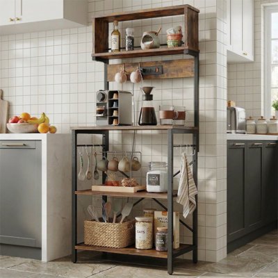 Country-Style Microwave Oven Trolley, 5-Tier Large-Capacity Baking Rack With 3 Sockets And 8 S-Hooks. A Practical Kitchen Storage Rack.