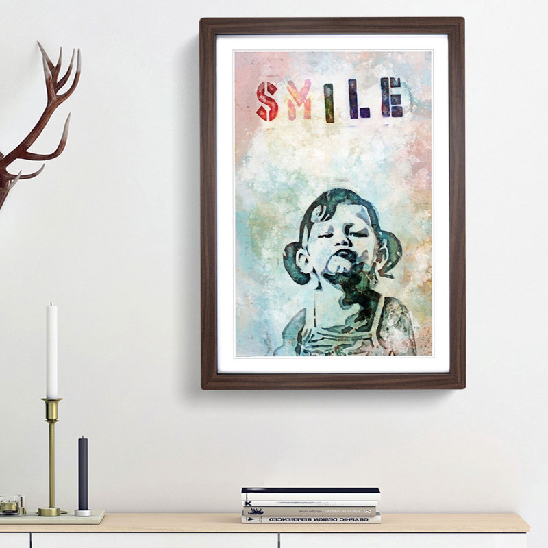 Smile in Abstract by Banksy - Framed Print, 48cm H x 36cm W x 2cm D, Walnut Framed