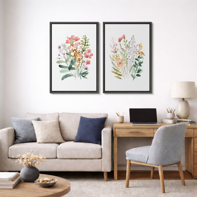 Vibrant Wildflower ", aquarelle, plante botanique pastel, images abstraites multicolores vibrantes, impression sur toile encadrée, 2 pièces"