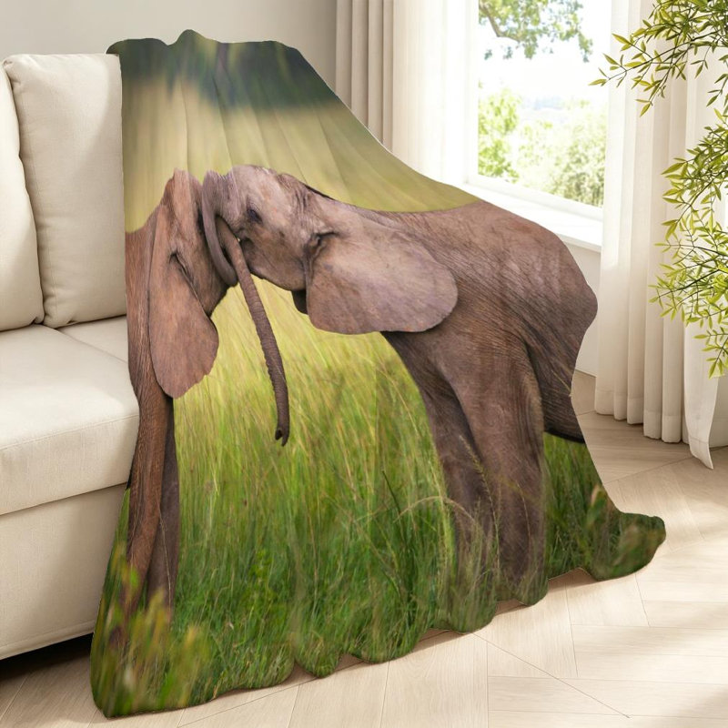 Jeté en flanelle verte molletonnée, imprimé éléphant Love Animal, Throw 40" x 50"
