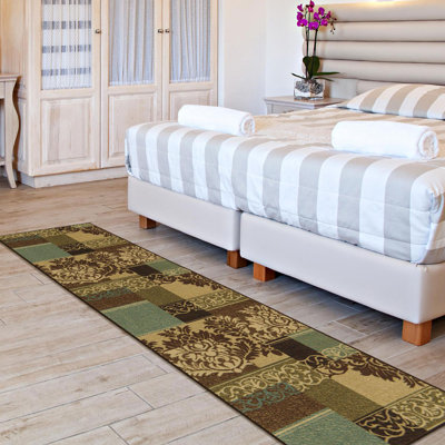 Ottohome Non-Slip Damask Area Rug for Living Room, Hallway Runner, Entryway Rug,  Brown/Green