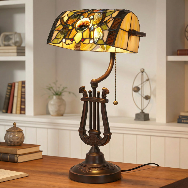 17.5" Vintage Bankers Lamp With Pull Chain Switch Tiffany Stained Glass Shade Table Lamp (Bulb Included)