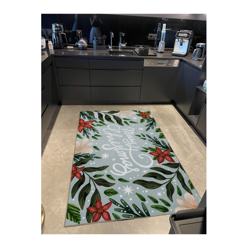 Tapis bleu clair lavable à la machine à motif floral flocon de neige Merry Christmas, Rectangle 3 pi 3 po x 4 pi 11 po
